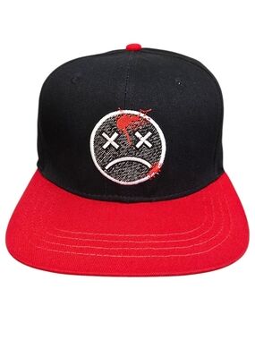 Black & Red Snapback Hat with Embroidered Sad Face